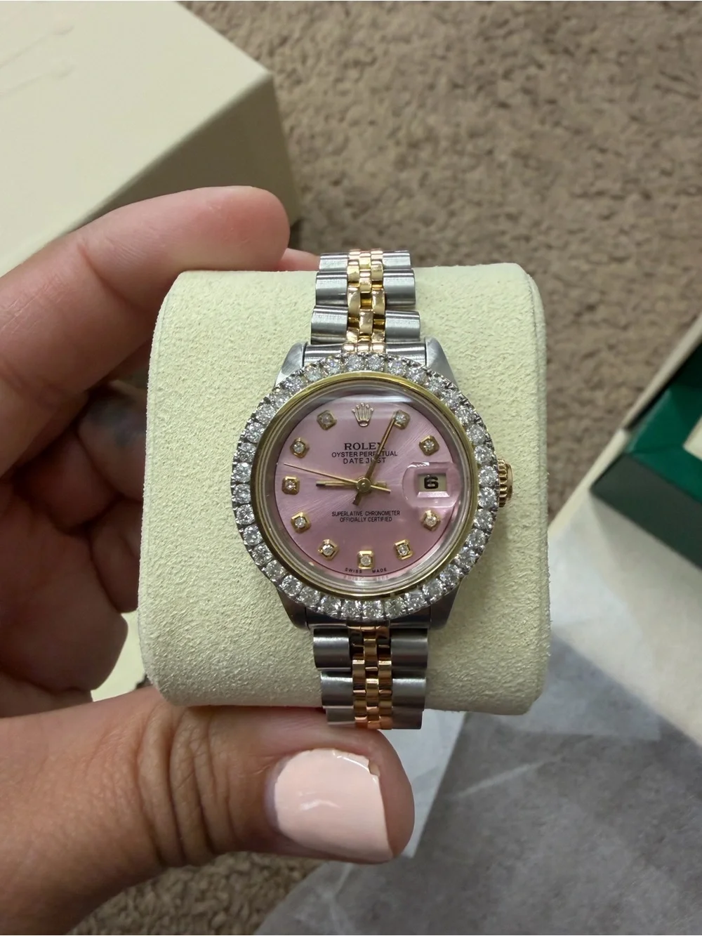 Rolex Ladies Two-Tone Watch with Pink Dial and Diamond Bezel - Picture 12 of 13